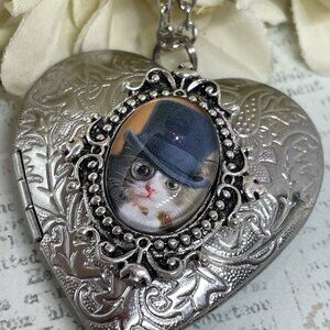 Heart Silver Steampunk Hat Love Gift Kitten Cat Glasses Necklace Photo Locket